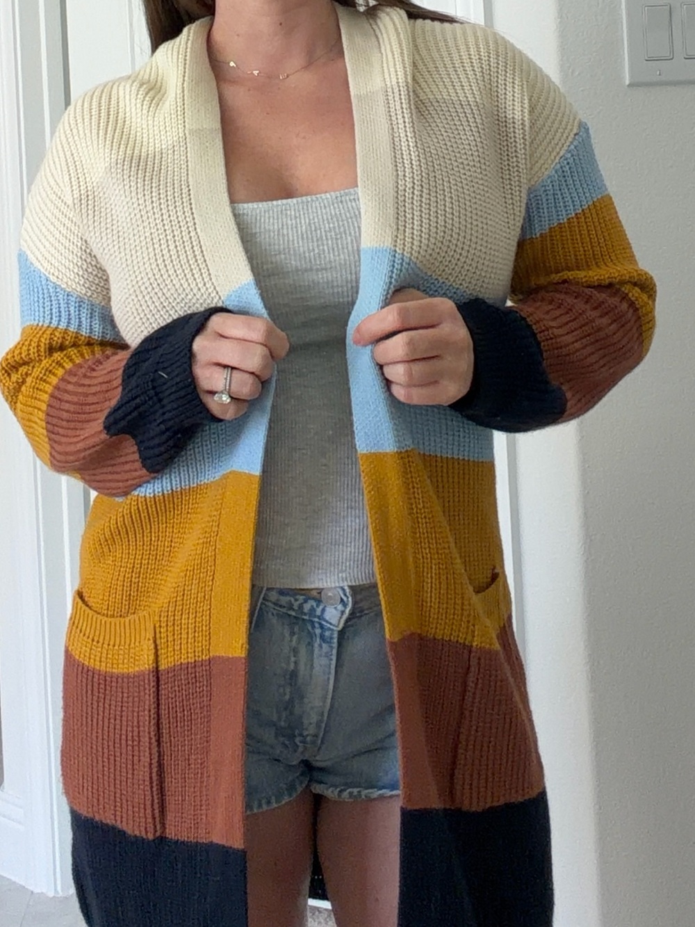 Striped Open-Front Knit Cardigan - Cream & Multi